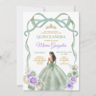 Sage Purple Bow Princess Gold Crown Quinceañera Invitation