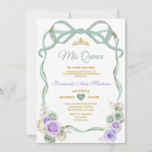 Sage Purple Floral Bow Ribbon Gold Girl Mis Quince Invitation