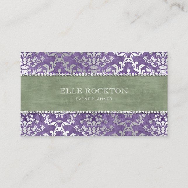 Sage Purple Glimmer Damask Silver Business Card (Front)