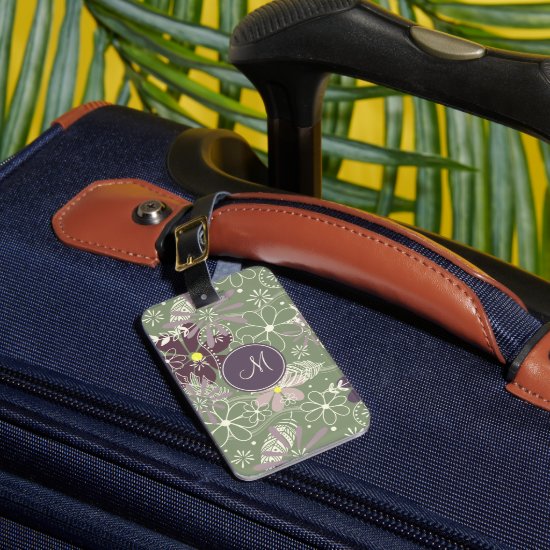 sage purple plum boho feathers doodle flowers  luggage tag