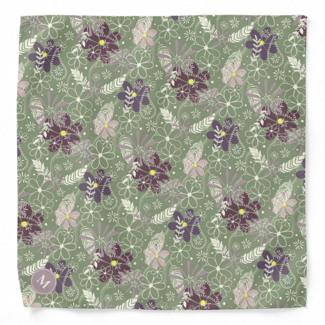 sage purple plum lilac feathers flowers pattern bandana (Front)