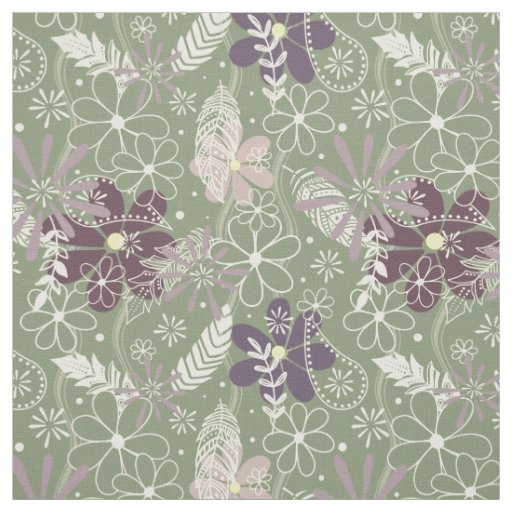 sage purple plum lilac feathers flowers pattern fabric