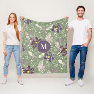 sage purple plum lilac feathers flowers pattern fleece blanket
