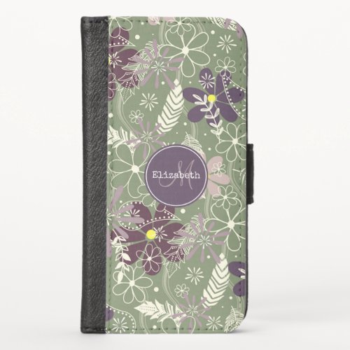 sage purple plum lilac feathers flowers pattern iPhone x wallet case