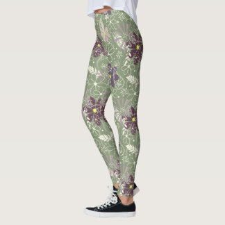 sage purple plum lilac feathers flowers pattern leggings