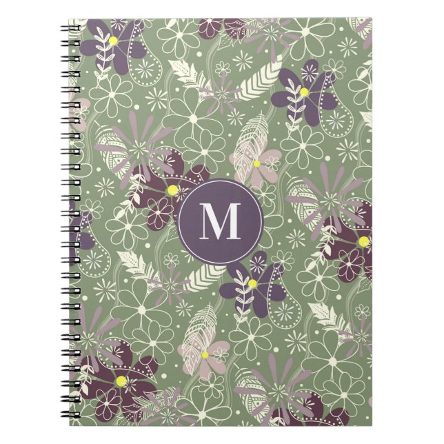 sage purple plum lilac feathers flowers pattern  notebook (Front)
