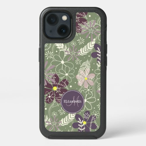 sage purple plum lilac feathers flowers pattern iPhone 13 case