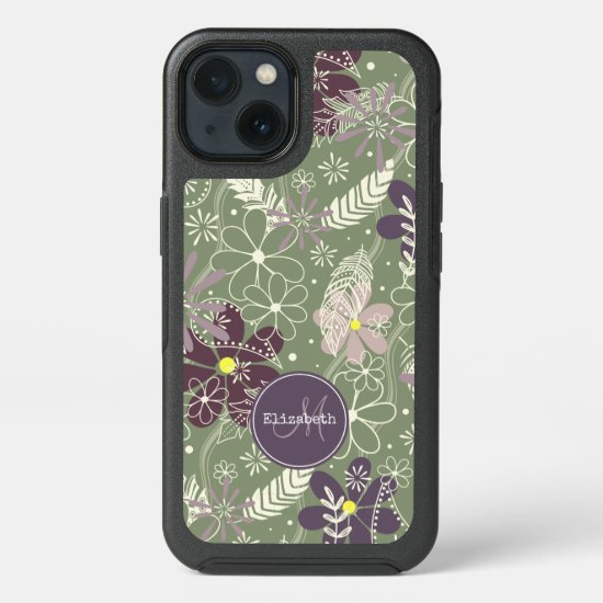 sage purple plum lilac feathers flowers pattern OtterBox commuter iPhone x case