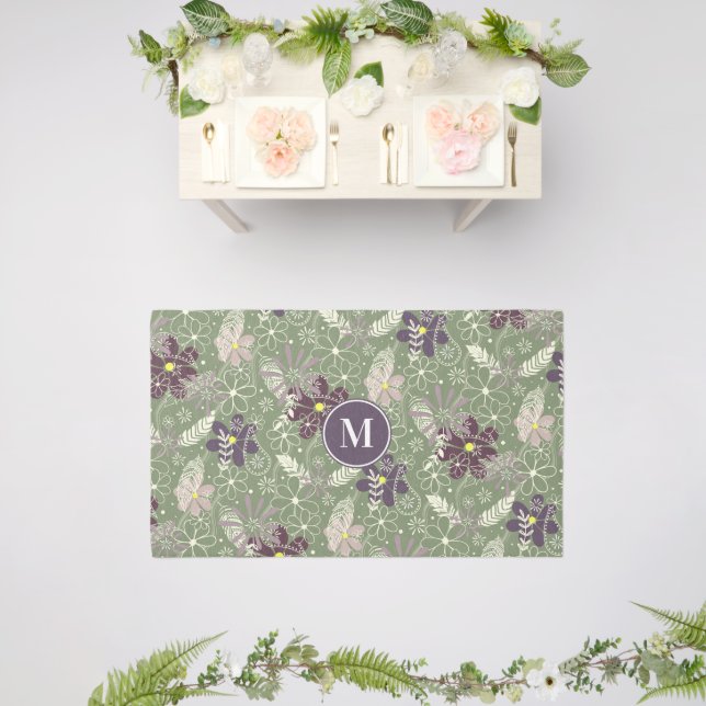 sage purple plum lilac feathers flowers pattern outdoor rug (Insitu (Wedding 2))