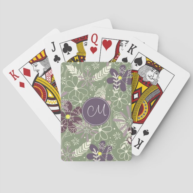 sage purple plum lilac feathers flowers pattern poker cards (Back)
