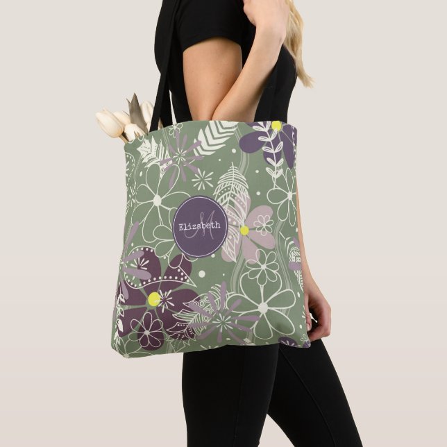 sage purple plum lilac feathers flowers pattern tote bag (Close Up)