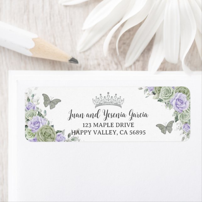 Sage Purple Rose Floral Quinceanera Return Address Label (Insitu)