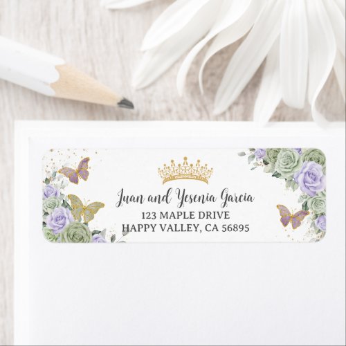 Sage Purple Rose Floral Quinceanera Return Address Label