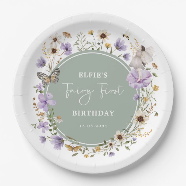 Sage Purple Wildflower Fairy Birthday Tea Party Paper Plates (Front)