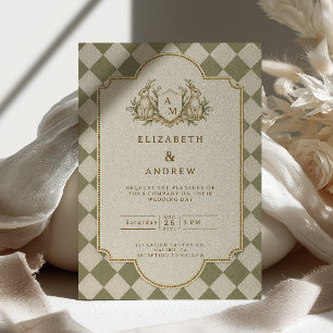 Sage Rabbit Crest Old Money Wedding Invitation