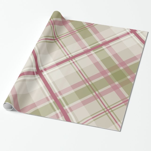 sage raspberry cream diagonal plaid pattern wrapping paper (Unrolled)