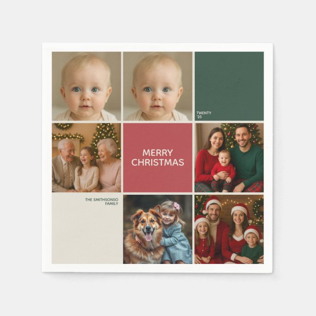 Sage RED beige Photos collage Christmas new year Napkins (Front)