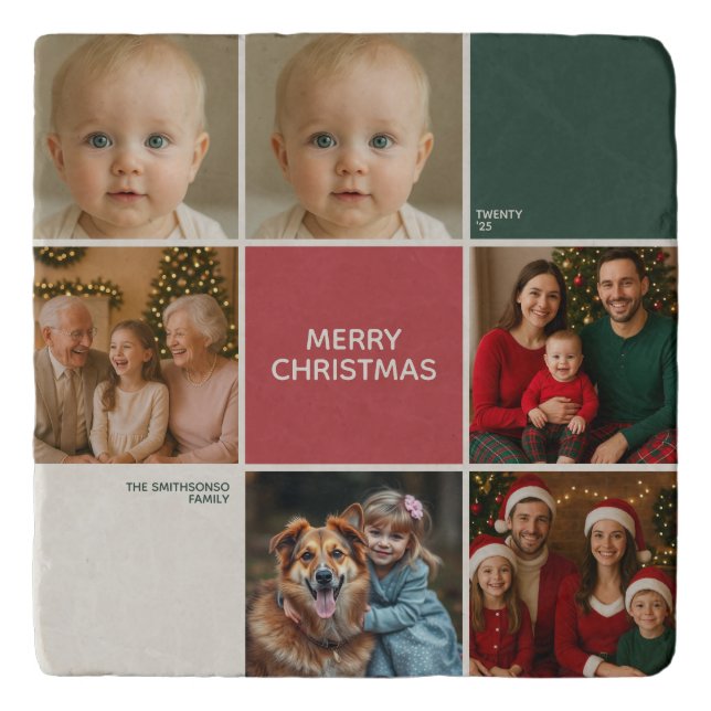 Sage RED Photos collage merry Christmas new year Trivet (Front)