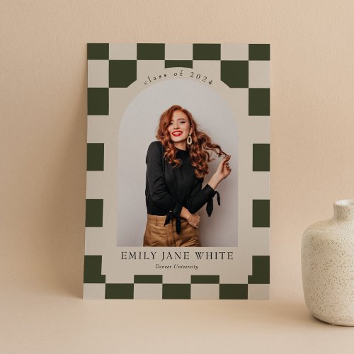 Sage Retro Checkered Arch Classic Photo Graduation Invitation