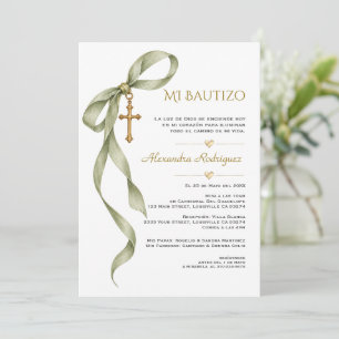 Sage Ribbon Gold Cross Baptism Spanish Bautizo  Invitation