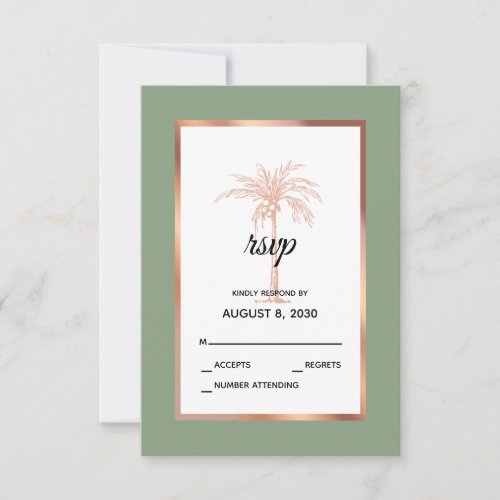 Sage Rose Gold Copper Palm Tree Beach Wedding RSVP Card