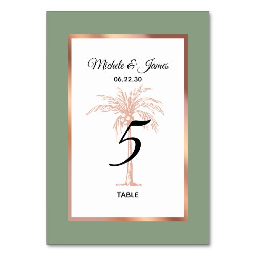 Sage Rose Gold Copper Palm Tree Modern Wedding Table Number