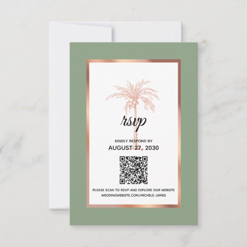 Sage Rose Gold Copper Palm Tree QR Code Wedding RSVP Card
