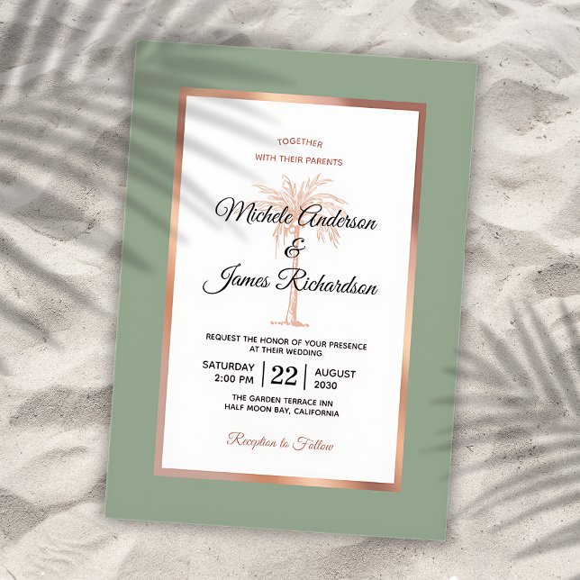 Sage Rose Gold Copper Palm Tree Tropical Wedding Invitation (Creator Uploaded)