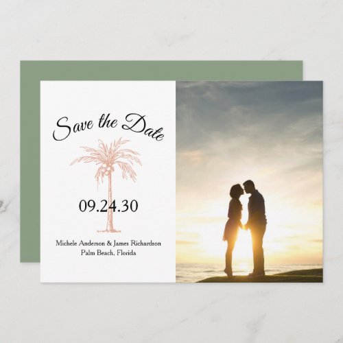 Sage Rose Gold Copper Palm Tree Wedding Photo Save The Date
