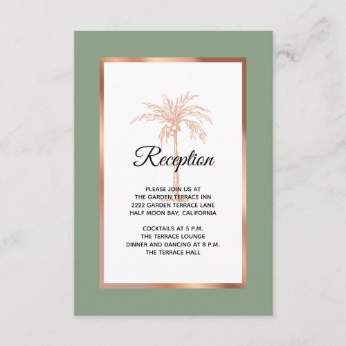 Sage Rose Gold Copper Palm Tree Wedding Reception Enclosure Card