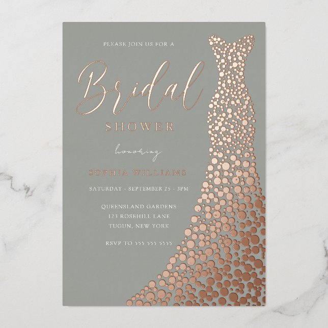 Sage & Rose Gold Gown Bridal Shower Foil Invitation (Front)