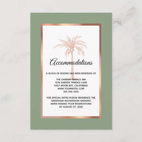 Sage Rose Gold Palm Tree Wedding Accommodations Enclosure Card