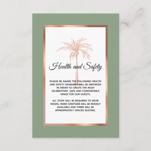 Sage Rose Gold Palm Tree Wedding Health and Safety Enclosure Card