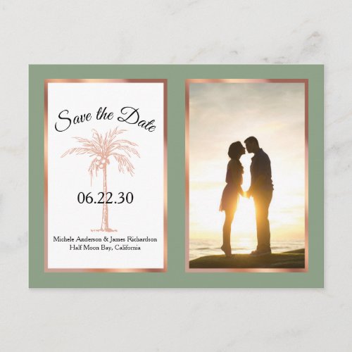 Sage Rose Gold Palm Wedding Save The Date Photo Announcement Postcard