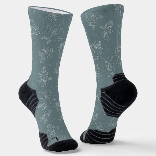 Sage Rose Line-Art Socks (Angled)