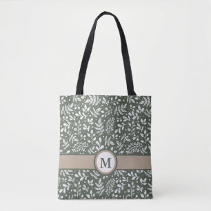 Sage Rustic Winter Botanical with Monogram Tote Bag