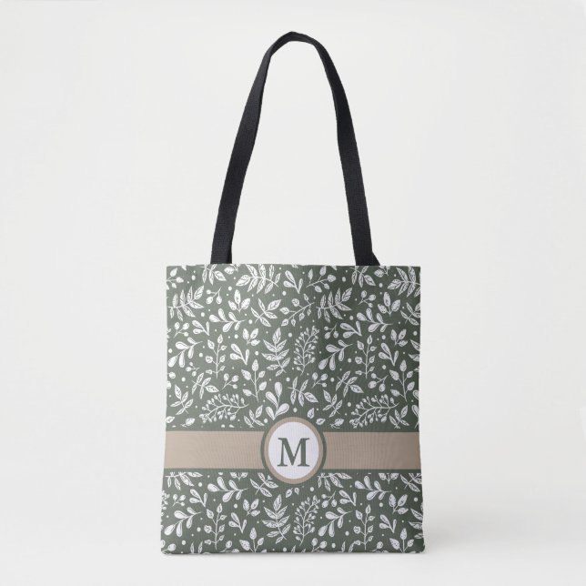 Sage Rustic Winter Botanical with Monogram Tote Bag (Front)