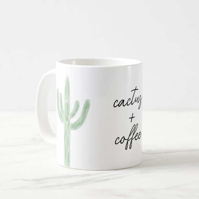 Sage Saguaro Cactus Plus Coffee Watercolor Mug (Front Left)