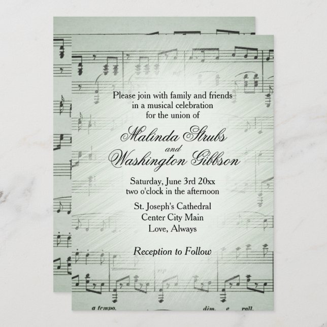Sage Sheet Music Wedding Theme Invitation (Front/Back)