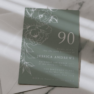 Sage & Silver Floral Line Art 90th Birthday Foil Invitation