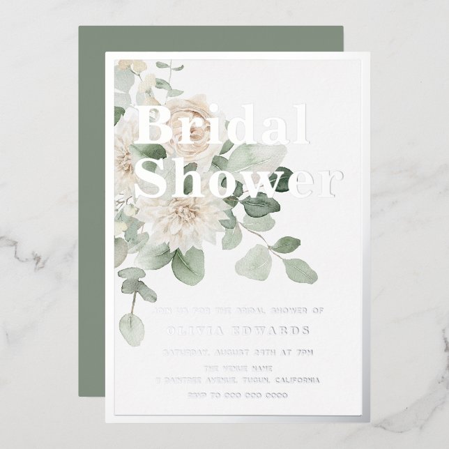 Sage & Silver Foil Modern Bridal Shower Invitation (Front/Back)