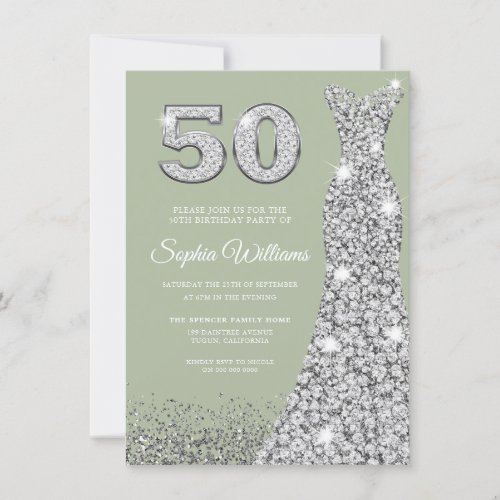 Sage  Silver Gown 50th Birthday Party Invitation
