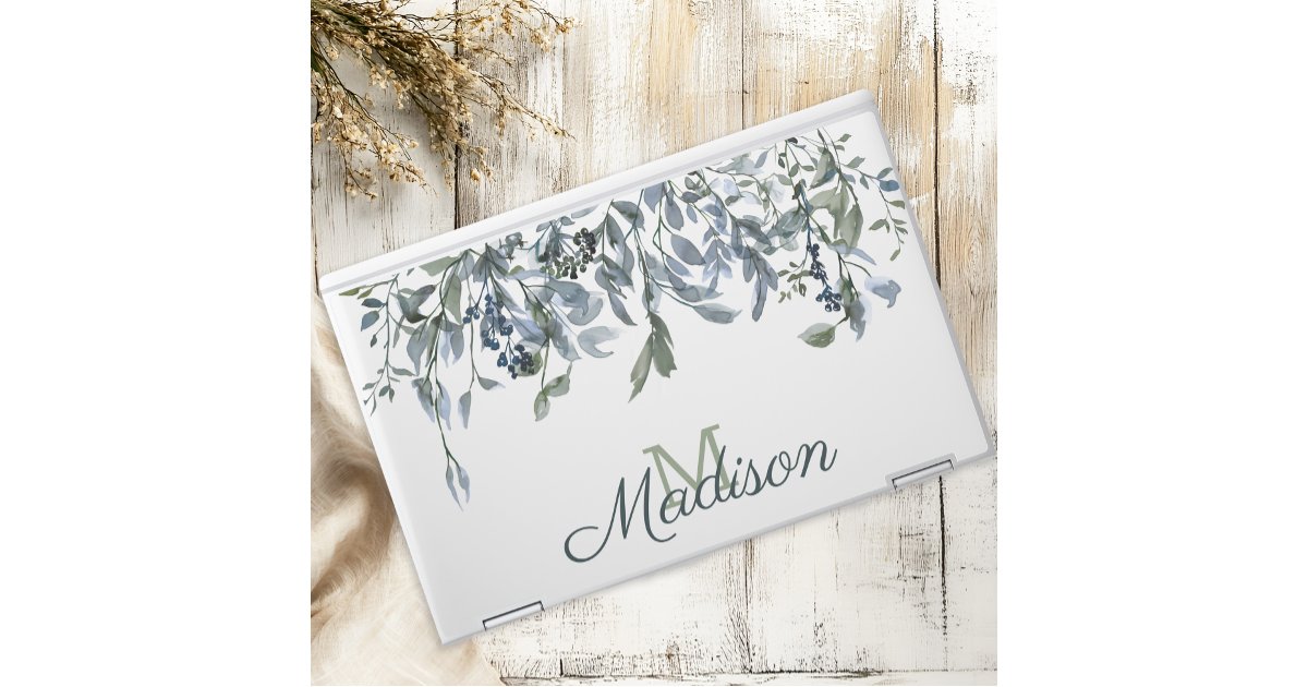 Sage Silver Green Floral Cute Initial Name HP Laptop Skin | Zazzle
