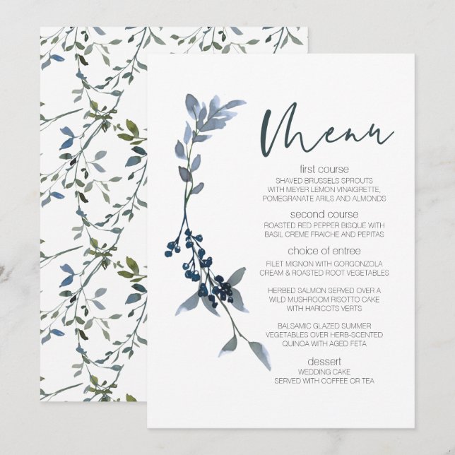 Sage Silver Green Floral Wedding Menu (Front/Back)