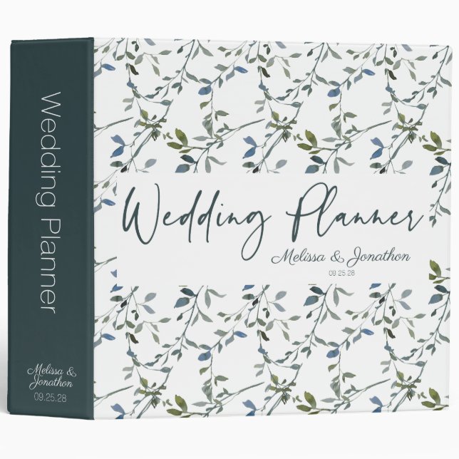 Sage Silver Green Floral Wedding Planner 3 Ring Binder (Front/Spine)