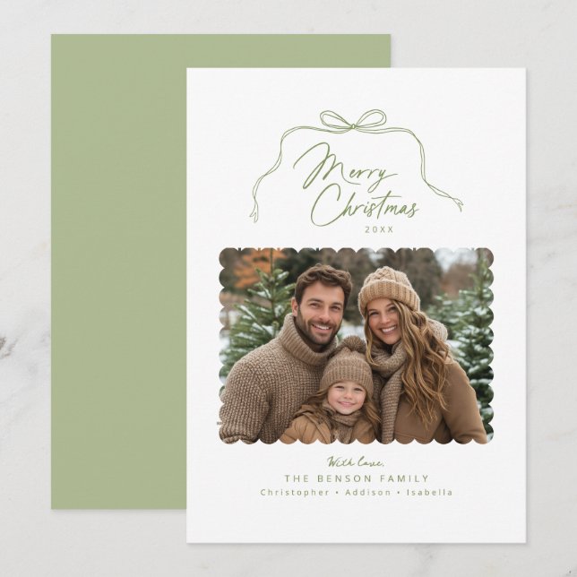 Sage Simple Bow Scalloped Photo Christmas Card (Front/Back)