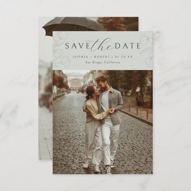 Sage | Simple Calligraphy Floral Wedding Photo Save The Date (Front/Back)