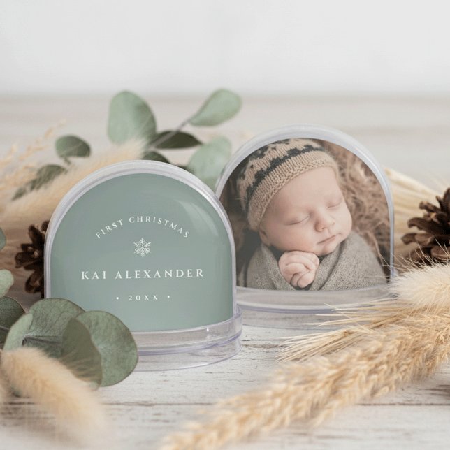Sage | Simple Classic Baby's First Christmas Photo Snow Globe (Creator Uploaded)