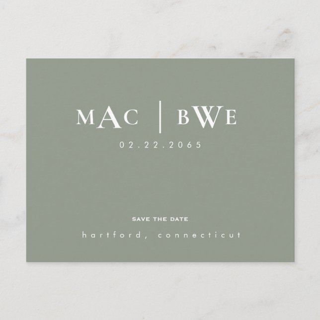 Sage Simple & Sleek Monogram Save the Date Postcard (Front)