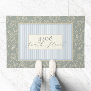 Sage Sketched Peonies and Blue Stripes Doormat